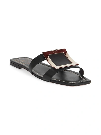 Shop Roger Vivier Leather Flat Sandals In Black