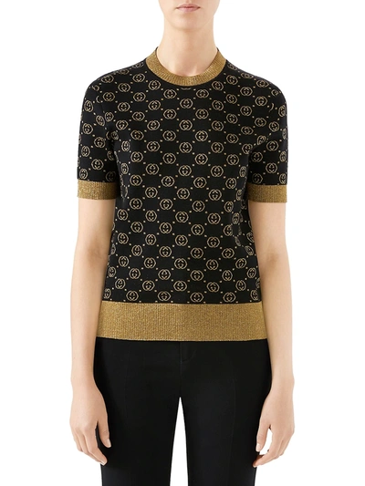 Shop Gucci Women's Fine Wool Knit Gg Lurex Sweater In Black Gold