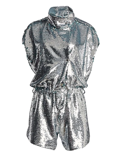Shop Carolina Ritzler Short Sleeve Sequin Romper In Silver Sequins