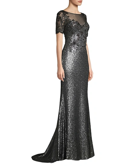Shop Basix Black Label Women's Embellished Sequin Illusion Neckline Gown In Charcoal