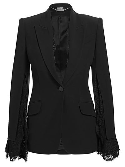 Shop Alexander Mcqueen Slash Lace Sleeve Jacket In Black