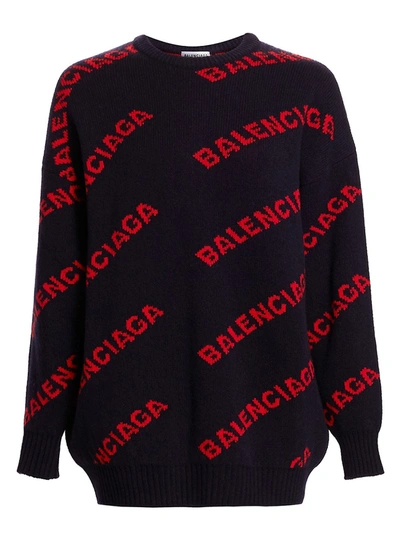 Shop Balenciaga Women's Intarsia Knit Logo Sweater In Navy Orange