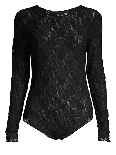 Shop Hanky Panky Signature Lace Long-sleeve Bodysuit In Black