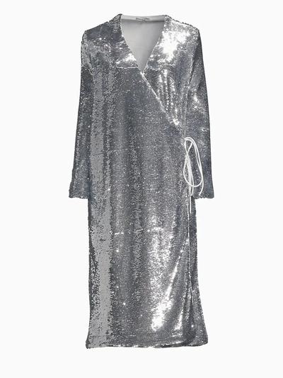 Shop Ganni Women's Sequin Wrap Dress In Silver