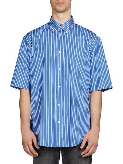 Shop Balenciaga Men's Striped Short-sleeve Shirt In Blue White