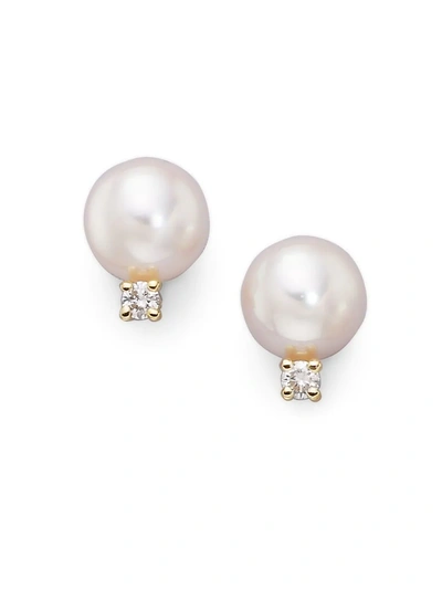 Shop Mikimoto Women's 6mm White Cultured Akoya Pearl, Diamond & 18k Yellow Gold Earrings