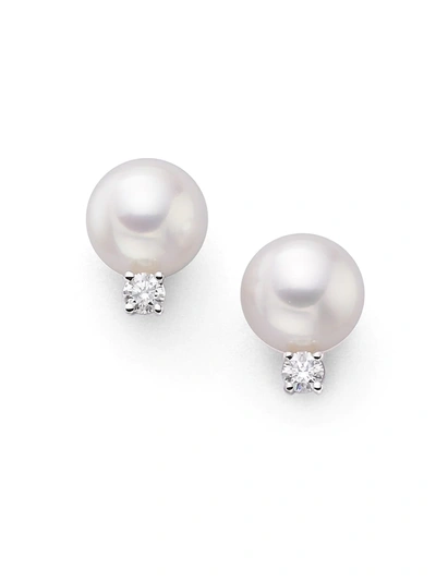 Shop Mikimoto Women's 7mm White Cultured Akoya Pearl, Diamond & 18k White Gold Earrings