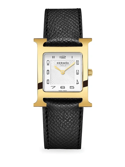 Shop Hermes Women's Heure H 30mm Goldplated Stainless Steel & Leather Strap Watch In Black