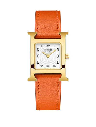 Pre-owned Hermes Heure H 23mm Goldplated & Leather Strap Watch In Orange