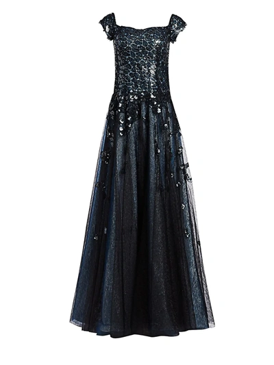 Shop Rene Ruiz Collection Women's Off-the-shoulder Sequin A-line Gown In Blue Black