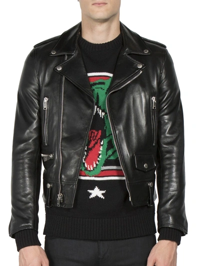 Shop Saint Laurent Leather Moto Jacket In Black