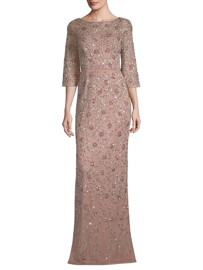 Shop Aidan Mattox Embellished Three-quarter-sleeve Gown In Rose Gold