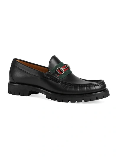 Shop Gucci Men's Leather Web Horsebit Loafer In Black