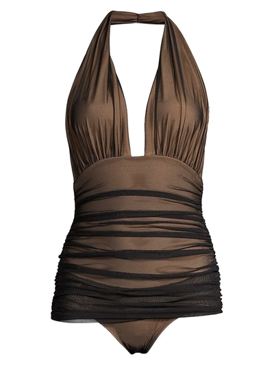 Shop Norma Kamali Women's Mesh One-piece Halter Swimsuit In Black Mesh