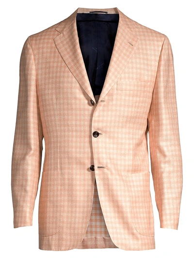 Shop Kiton Men's Gingham Single-breasted Wool, Silk & Linen Blazer In Peach