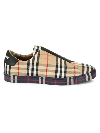 Shop Burberry Men's Markham Check Slip-on Sneakers In Archive Beige