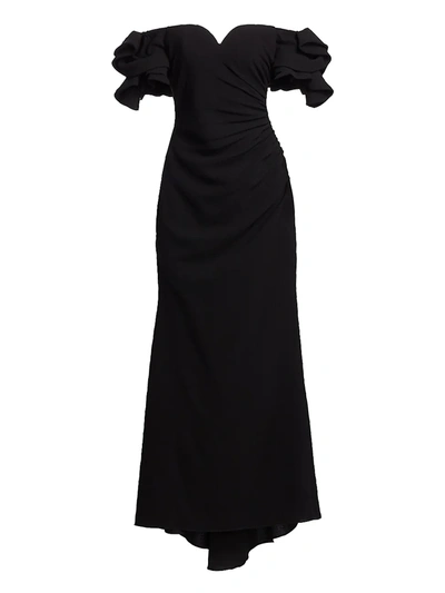 Shop Badgley Mischka Origami Sleeve Off-the-shoulder Gown In Black