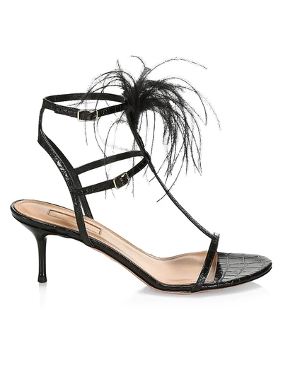 Shop Aquazzura Women's Ponza Feather-trimmed Croc-embossed Leather Sandals In Black