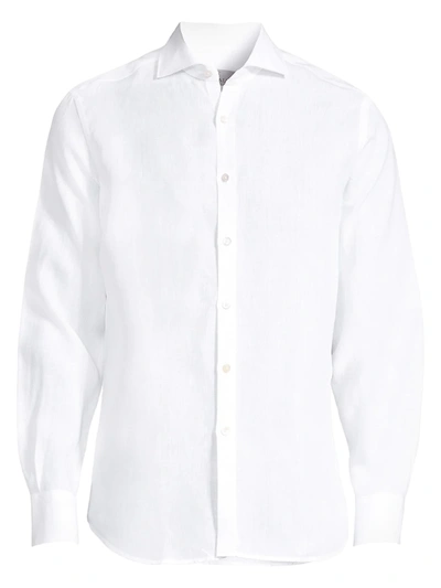 Shop Canali Men's Solid Linen Sport Shirt In White