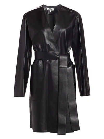 Shop Loewe Belted Leather Coat In Black