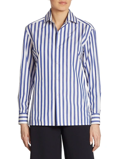 Shop Ralph Lauren Women's Iconic Style Capri Striped Cotton Shirt In White Classic Blue