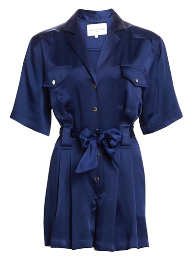 Shop Carolina Ritzler Women's Short-sleeve Tie-waist Satin Romper In Sapphire