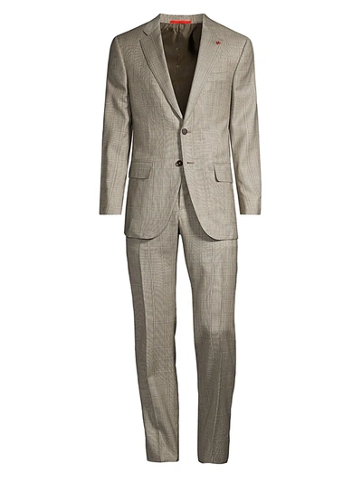 Shop Isaia Single-breasted Windowpane Wool Suit In Tan