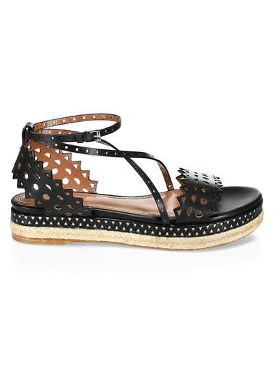 Shop Alaïa Women's Laser Cut Leather Platform Espadrille Sandals In Black