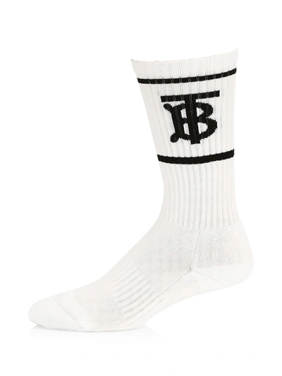 Shop Burberry Men's Monogram Dual Stripe Sport Crew Socks In White