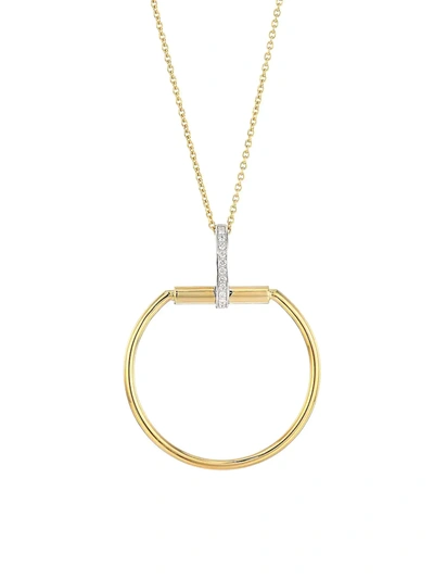 Shop Roberto Coin Classic Parisienne Circle Diamond, 18k White Gold And 18k Yellow Gold Pendant Necklace