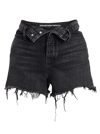 Shop Alexander Wang T Bite Foldover Frayed Denim Shorts In Grey Aged