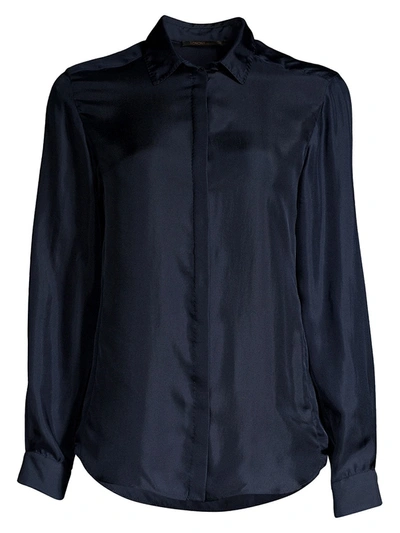 Shop Agnona Silk Twill Button Front Shirt In Navy