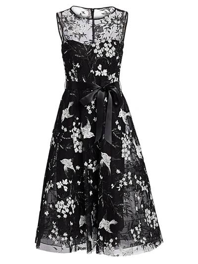 Shop Teri Jon By Rickie Freeman Avian & Floral Beaded Tie-waist Tulle A-line Dress In Black White