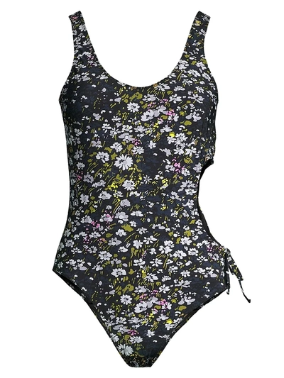 Shop Ganni Women's Recycled Fabric Floral One-piece Swimsuit In Black