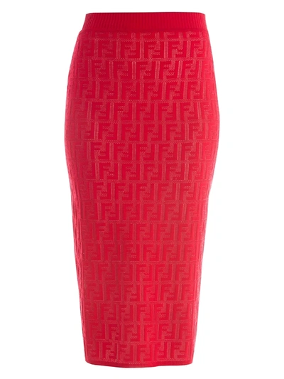 Shop Fendi Women's Ff Jacquard Logo Knit Midi Skirt In Red