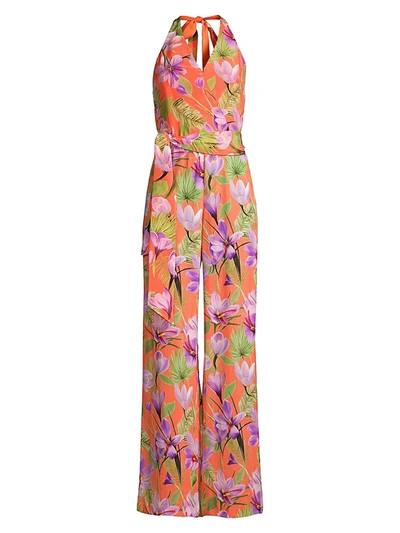 Shop Alice And Olivia Cyrus Floral Halter Jumpsuit In Floral Plum Coral