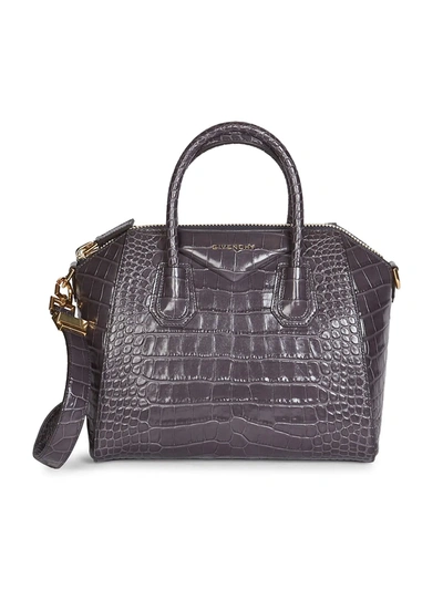 Shop Givenchy Women's Small Antigona Croc-embossed Leather Satchel In Storm Grey