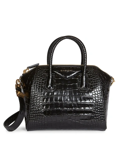 Shop Givenchy Small Antigona Croc-embossed Leather Satchel In Black