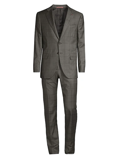 Shop Isaia Windowpane Wool & Silk Suit In Dark Grey