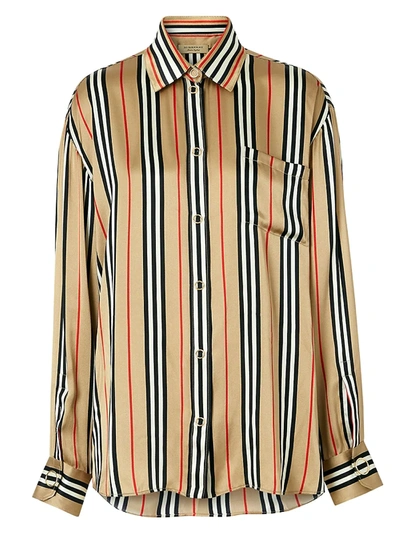 Shop Burberry Godwit Icon Stripe Silk Shirt In Archive Beige Ipchk