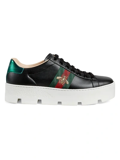 Shop Gucci New Ace Platform Bee Sneakers In Black