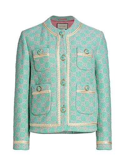 Shop Gucci Women's Macro Gg Contrast Trim Tweed Jacket In Light Blue