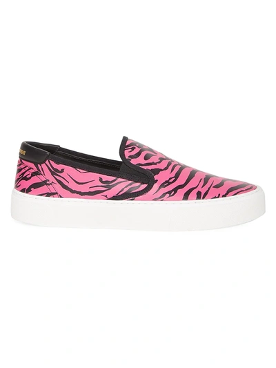 Shop Saint Laurent Men's Venice Zebra-stripe Leather Slip-on Sneakers In Pink Black