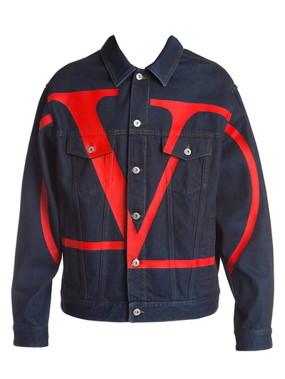 Shop Valentino Men's Large Logo Denim Jacket In Navy Red