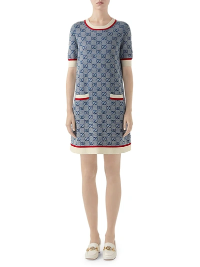 Shop Gucci Women's Fine Wool Intarsia Knit Short-sleeve Dress In Blue Ivory