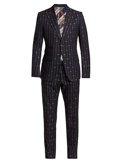 Shop Gucci Men's Retro Thin Gg Stripe Wool Suit In Blue Multi