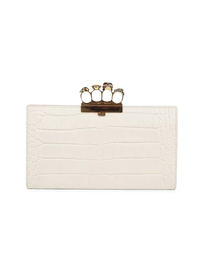 Shop Alexander Mcqueen Punk Four-ring Croc-embossed Leather Flat Pouch In White Bone