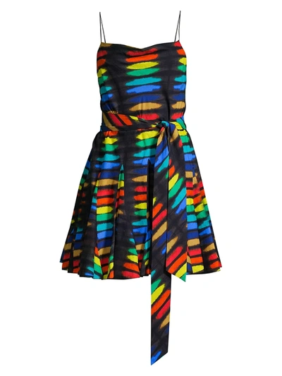 Shop Alice And Olivia Webber Printed Godet Cotton Dress In Rainbow Block Tie Dye