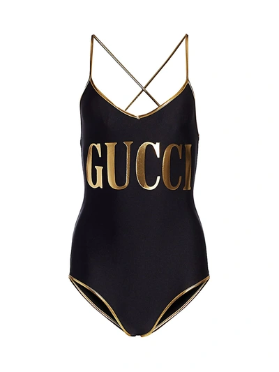 Shop Gucci Logo One-piece Swimsuit In Black Multi