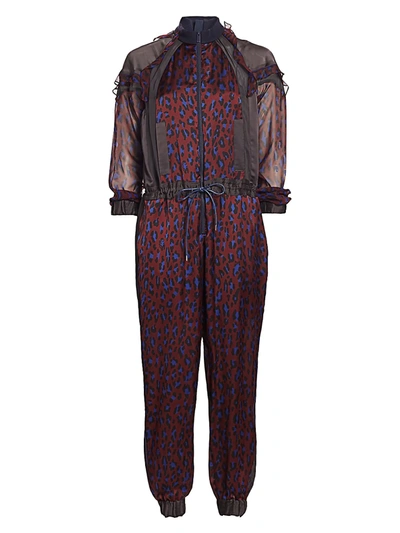 Shop Sacai Women's Satin Ruffled Leopard-print Jumpsuit In Bordeaux